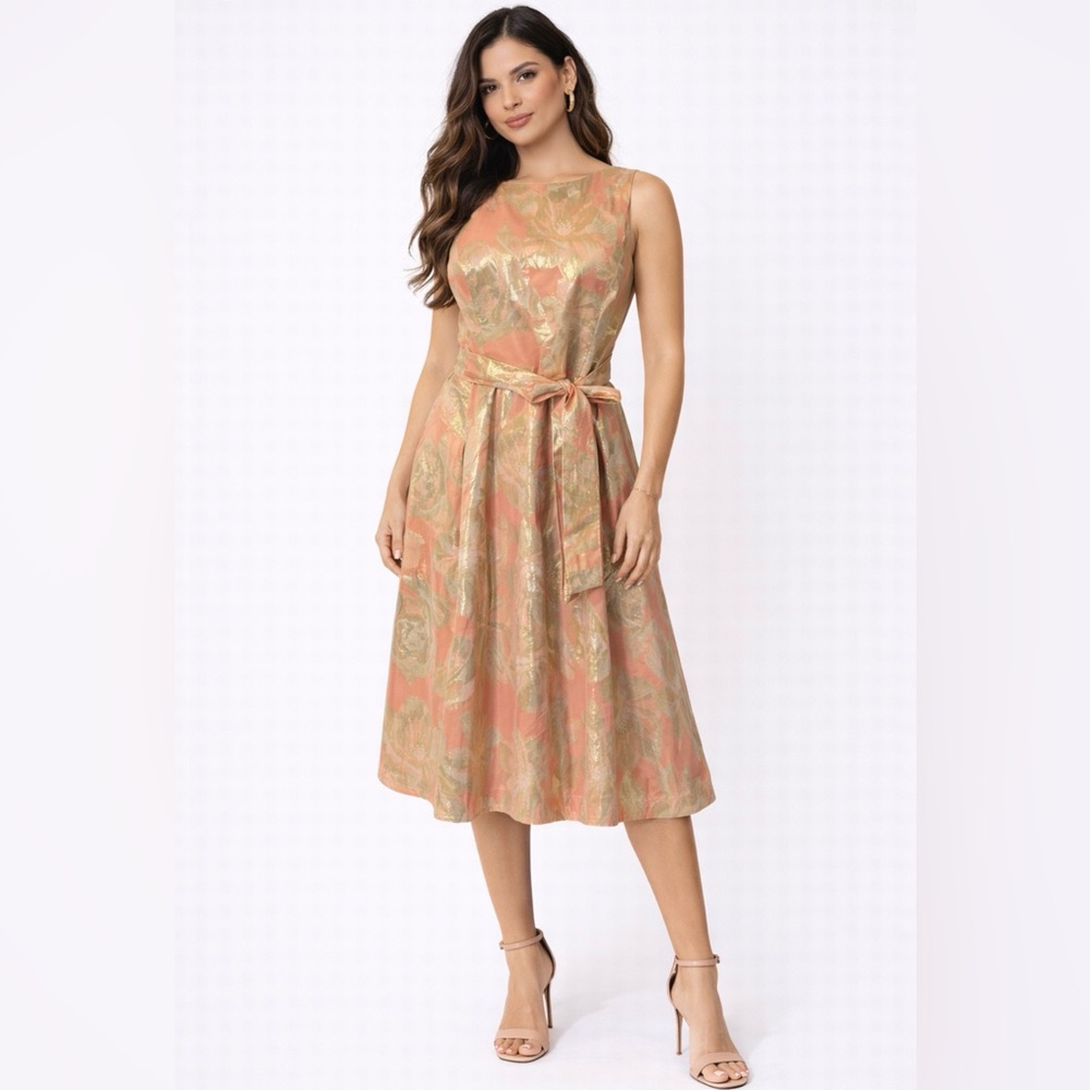 Tommy Hilfiger Dress 12 Peach Gold Foil Floral A Line Belt Church Party Wedding